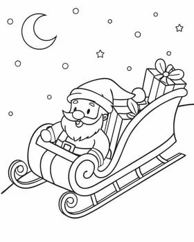 Winter mood coloring page. Christmas coloring book with Santa Claus riding on sleigh. Printable coloring page for children. Ai generated