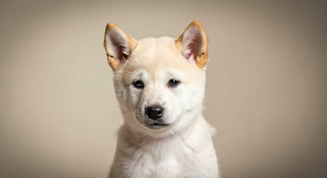A shiba inu puppy with a curious expression sits against a neutral background, showcasing its gentle eyes and prominent ears. ideal for themes of companionship, pets, and animal affection.