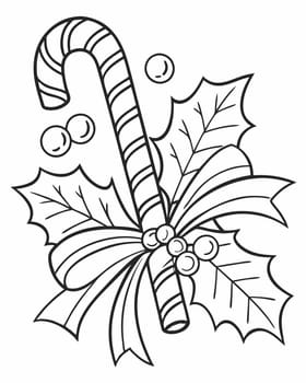 Christmas mood coloring page. Coloring book with candy cane and holly. Printable coloring page for children. Ai generated