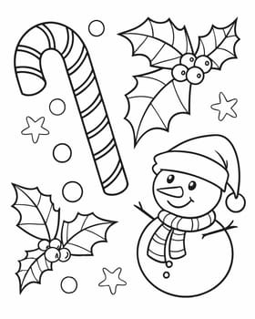 Christmas mood coloring page. Coloring book with snowman, candy cane and holly. Printable coloring page for children. Ai generated
