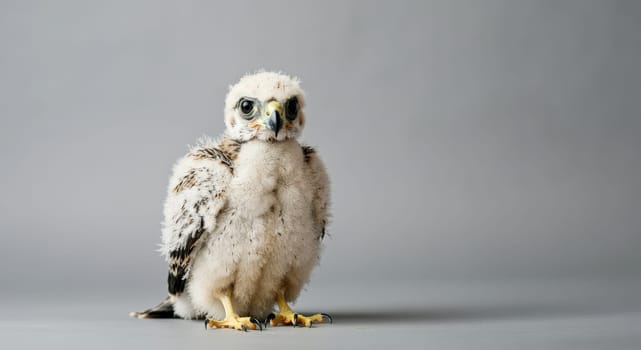 A young, fluffy falcon chick stands on a soft gray background, showcasing its delicate feathers and alert gaze. ideal for themes of wildlife, nature, and innocence, the early stages of avian life.