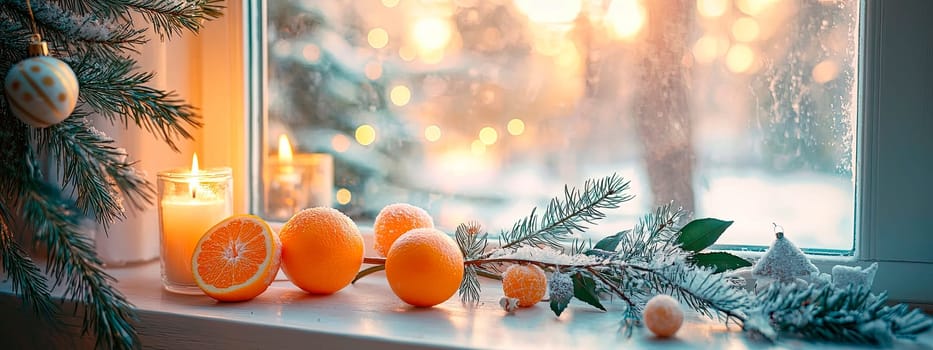 Spruce branch and tangerines on the windowsill. Selective focus. Food.