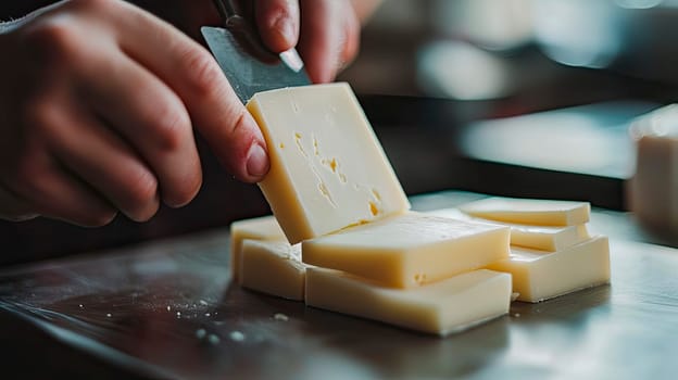 Beautiful slicing of different cheeses. Selective focus. Food.