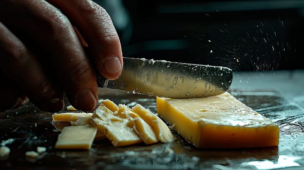 Beautiful slicing of different cheeses. Selective focus. Food.
