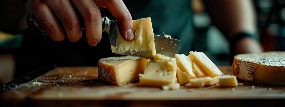 Beautiful slicing of different cheeses. Selective focus. Food.