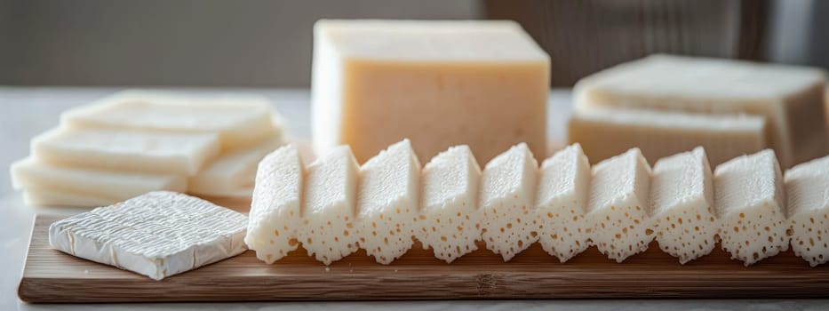 Beautiful slicing of different cheeses. Selective focus. Food.