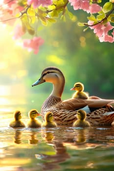 duck with ducklings in nature. Selective focus. Animals.