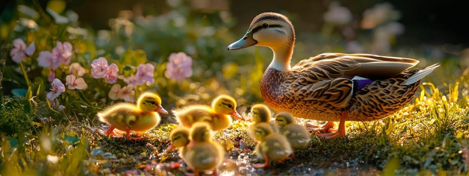 duck with ducklings in nature. Selective focus. Animals.
