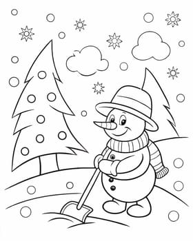 Winter mood coloring page. Christmas coloring book with snowman and snowflakes. Printable coloring page for children. Ai generated