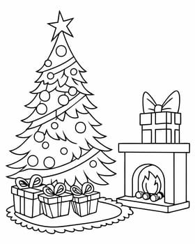 Winter mood coloring page. Christmas coloring book with Christmas tree, gifts and fireplace. Printable coloring page for children. Ai generated
