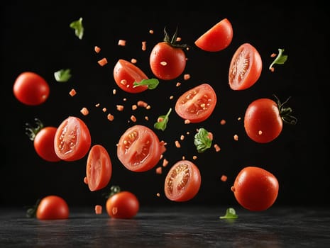 Fresh cherry A vibrant display of fresh cherry tomatoes, some sliced in halves, floating dynamically with basil leaves and tiny vegetable cubes. Set against a dark background, highlighting their freshness and color.