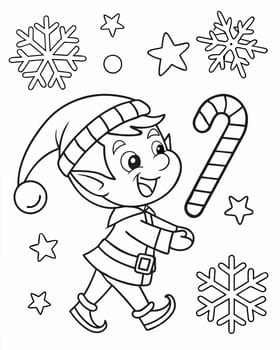 Winter mood coloring page. Christmas coloring book with elf, candy cane and snowflakes. Printable coloring page for children. Ai generated