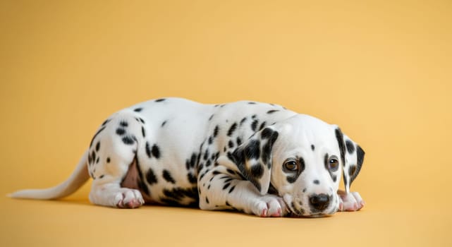 Dalmatian puppy laying on a warm yellow background, showcasing its iconic black spots. its relaxed posture and curious gaze highlight a playful yet calm demeanor, perfect for pet care themes or designs.