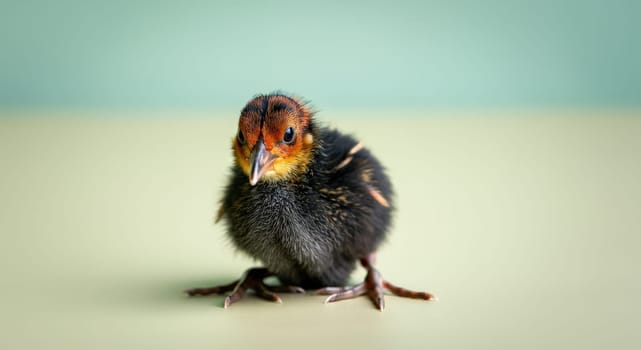 A close-up view of an adorable baby bird with vibrant feathers sitting against a soothing pastel green backdrop. the bird's detailed texture and vivid colors create a charming and serene atmosphere.