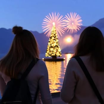 Fireworks celebration girls friends in hats travel tourism night party Christmas holiday . High quality photo