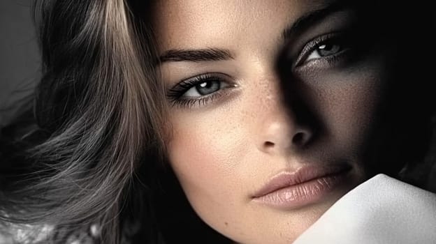 Woman with bright eyes and soft freckles, her expression exuding a captivating blend of mystery and elegance idea
