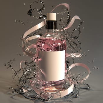 Pink gin bottle is standing in water with red ribbons flying around it and water splashing. The background is light grey