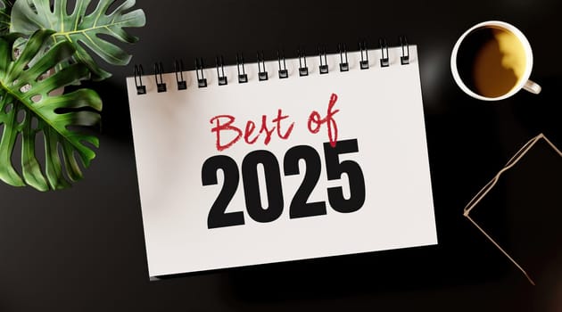 Best of 2025 journal with a plant and coffee on a chic desk setup, emphasizing modern and productive thinking spaces.