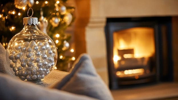 Christmas, holiday decor and country cottage style, cosy atmosphere, decorated Christmas tree in the English countryside house living room with fireplace, interior decoration idea