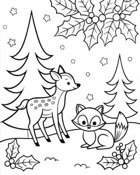 Christmas mood coloring page. Coloring book with holly, woodland animals, deer and fox. Printable coloring page for children. Ai generated