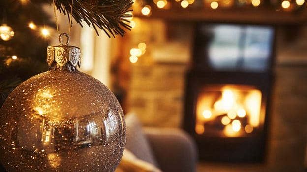Christmas, holiday decor and country cottage style, cosy atmosphere, decorated Christmas tree in the English countryside house living room with fireplace, interior decoration idea