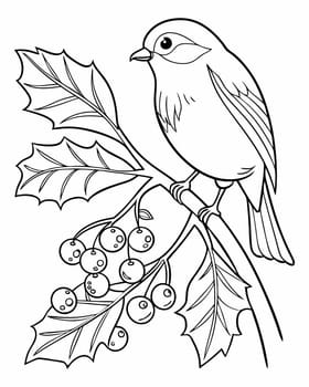 Winter mood coloring page. Coloring book with bird sitting on holly branch. Printable coloring page for children. Ai generated