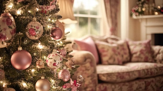 Christmas, holiday decor and country cottage style, cosy atmosphere, decorated Christmas tree in the English countryside house living room with fireplace, interior decoration idea