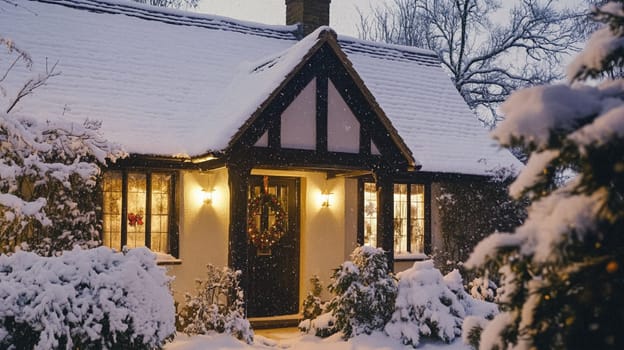 Christmas in the countryside, cottage decorated for holidays on a snowy winter evening with snow and holiday lights, English country styling inspiration