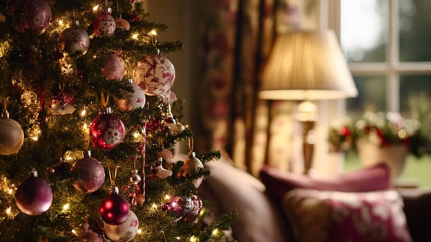 Christmas, holiday decor and country cottage style, cosy atmosphere, decorated Christmas tree in the English countryside house living room with fireplace, interior decoration idea