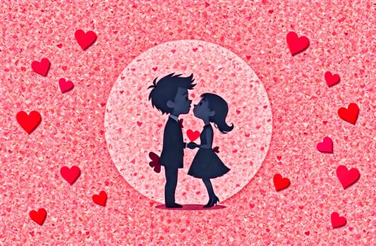 A couple kisses passionately among floating hearts, embodying love and romance on Valentine's day.