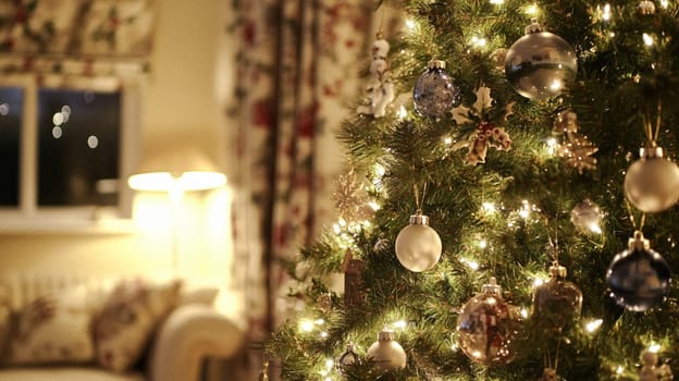 Christmas, holiday decor and country cottage style, cosy atmosphere, decorated Christmas tree in the English countryside house living room with fireplace, interior decoration idea