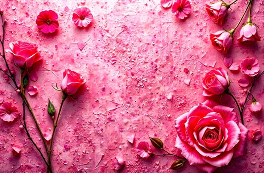 A lovely display of pink roses adorned with petals on a vibrant pink background, perfect for Valentine's Day celebration.