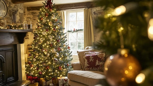 Christmas, holiday decor and country cottage style, cosy atmosphere, decorated Christmas tree in the English countryside house living room with fireplace, interior decoration idea