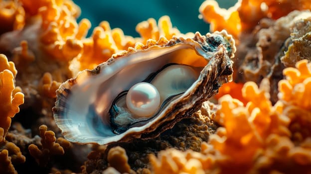 pearl in a shell on a sea background. Selective focus. Nature.