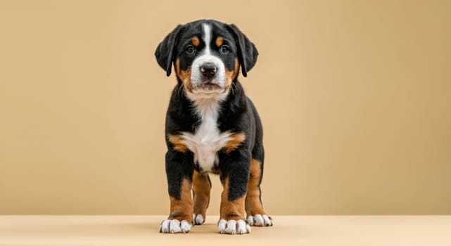 Cute bernese mountain dog puppy with distinctive tri-color coat and charming expression against a light brown backdrop, ideal for pet-themed projects or promotions celebrating canine joy and companionship.