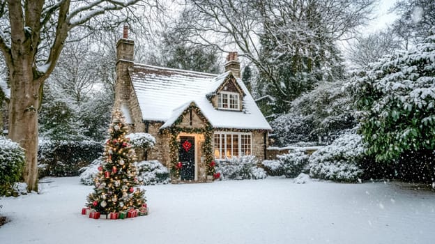 Christmas in the countryside, cottage decorated for holidays on a snowy winter evening with snow and holiday lights, English country styling inspiration