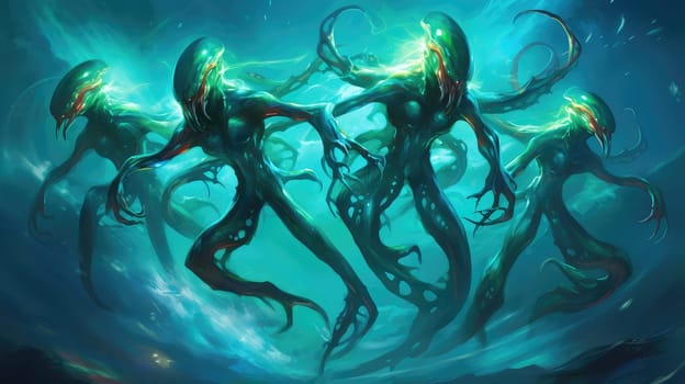 In a surreal underwater setting, enigmatic sea creatures with elongated bodies and glowing features are depicted rising from the depths.