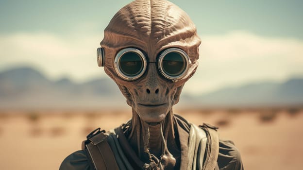 An alien being with large round goggles gazes into the distance in a vast desert. The desert features soft sands and distant mountains, creating a surreal atmosphere in daylight.