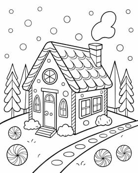 Christmas mood coloring page. Coloring book with gingerbread house and sweets. Printable coloring page for children. Ai generated
