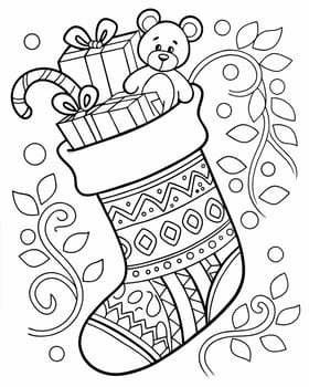 Winter mood coloring page. Coloring book with Christmas sock and gifts in it. Printable coloring page for children. Ai generated