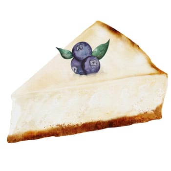Cheesecake drawing. Watercolor illustration of New York cheesecake on isolated white background. A piece of cottage cheese pie decorated with berries. Ideal for coffee shop, pastry shop menu and logo. High quality photo