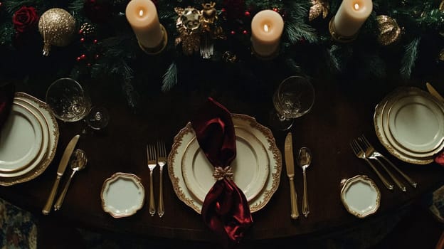 Christmas tablescape decoration, formal family dinner holiday celebration, luxury table setting decor, English country and home style idea