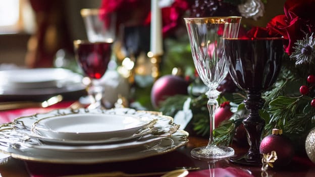 Christmas tablescape decoration, formal family dinner holiday celebration, luxury table setting decor, English country and home style idea