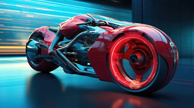 A sleek, red motorcycle featuring glowing wheels is showcased against a backdrop of rapidly changing lights. The design emphasizes modern aesthetics and advanced technology, enhancing its appeal.