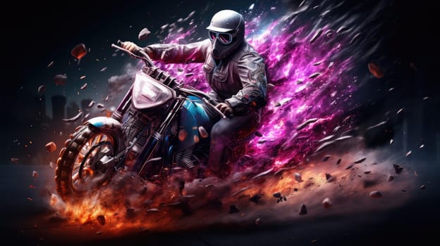 A motorcycle rider in a helmet skillfully drifts through a cloud of colorful debris and flames. The background features a dazzling explosion of purple hues, adding to the intensity of the moment.