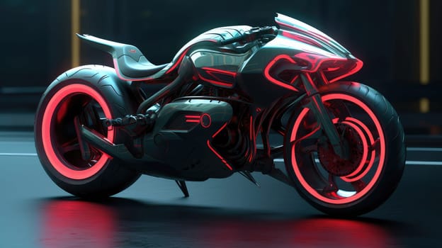 A sleek, futuristic motorcycle with glowing neon accents stands prominently in a dimly lit, modern environment. The design features smooth lines and advanced technology.