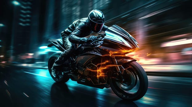 A skilled motorcyclist rides a sleek bike at high speed through an illuminated urban landscape. Night lights create a vibrant atmosphere as they navigate the city streets.