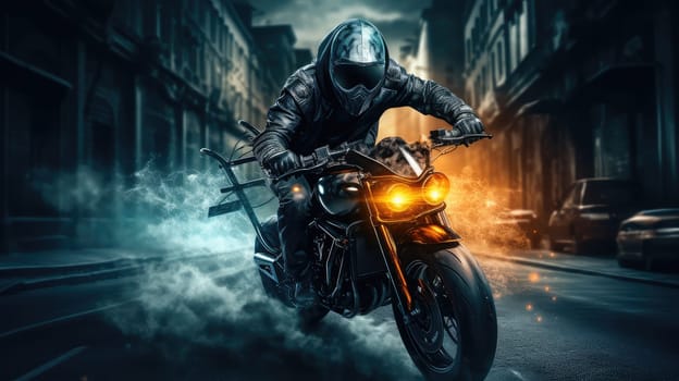 A motorcycle rider in a dark outfit and helmet speeds through a dimly lit urban street. The bike\'s headlights cut through the shadows as smoke billows around the tires, creating a dramatic scene.