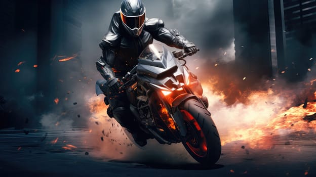 A skilled rider on a powerful motorcycle executes an impressive stunt amid a backdrop of swirling smoke and sparks in an urban environment during the evening hours.