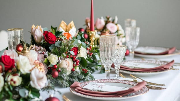 Christmas tablescape decoration, formal family dinner holiday celebration, luxury table setting decor, English country and home style idea